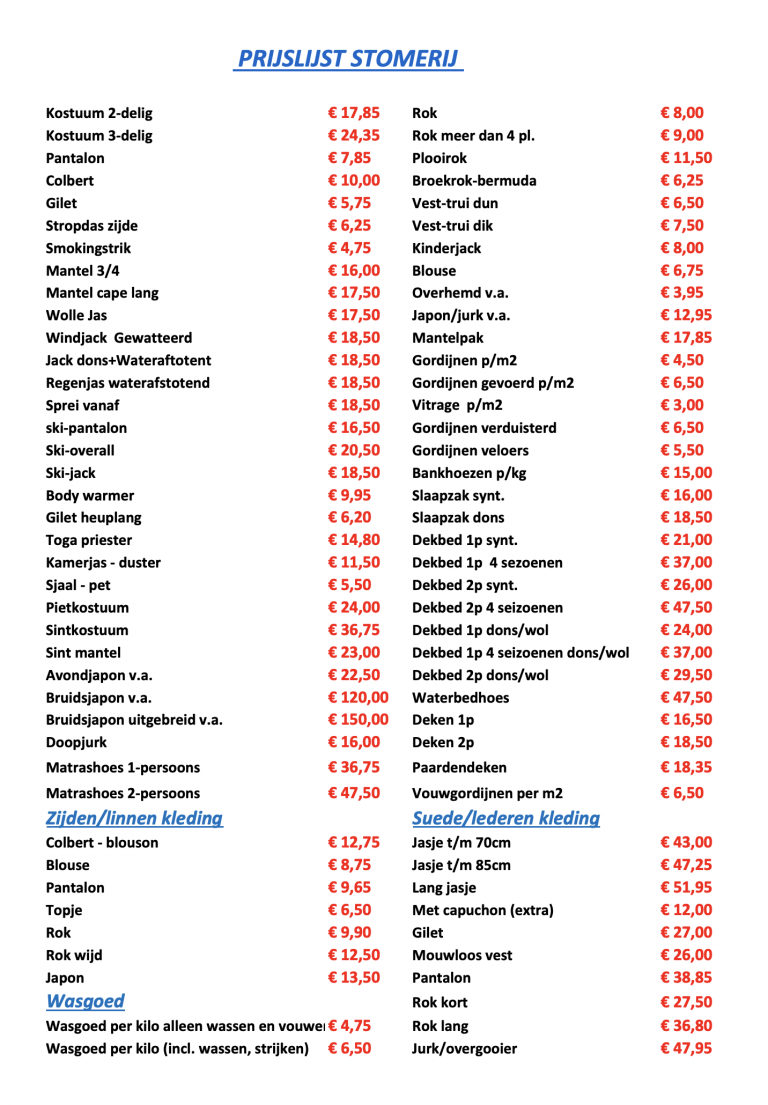 Prijslijst Stomerij - Prijslijsten.eu [alle Prijslijsten]